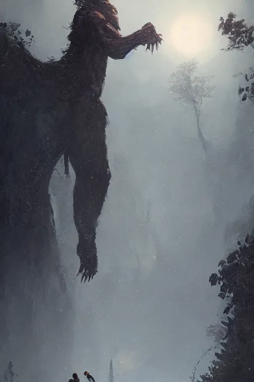 Image similar to a tall looming humanoid beast towers over a tiny human. at dawn, ethereal fantasy art by greg rutkowski