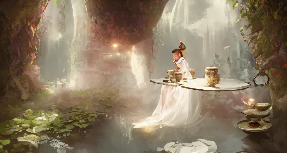 Image similar to a child girl in a white dress drinking tea in a room constructed out of warping tea cups by peter mohrbacher, vivid colors, matte painting, 8K, concept art, mystical color scheme, trending on artstation