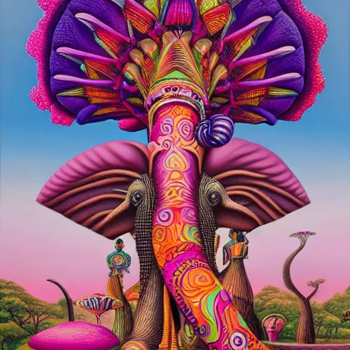 Prompt: a regal and elegant african queen with a colorful afro sitting in a cabana on top of an extremely large steampunk elephant near a pink lake with a large glowing baobab tree, by amanda sage and alex grey in a surreal psychedelic style, oil on canvas 8k, hd