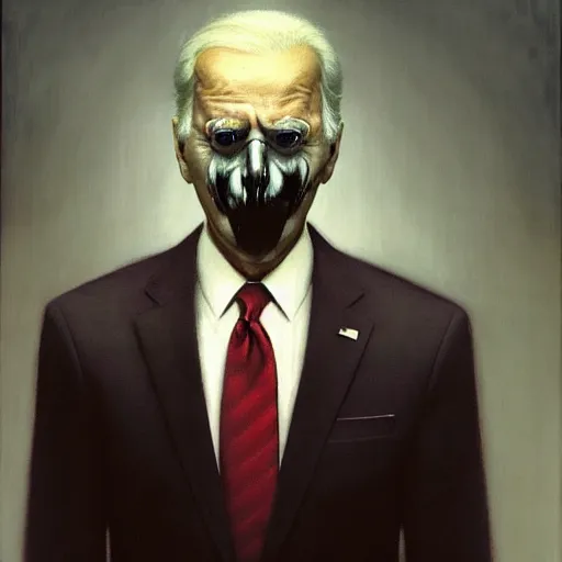 Image similar to presidential portrait of joe biden with shadowy mist pouring from mouth and nose as slenderman, by beksinski, jon mcnaughton, and stephen gammell