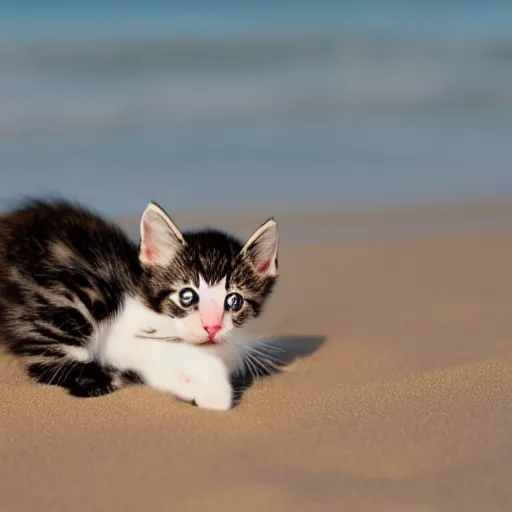 Prompt: little kitten alone on the beach