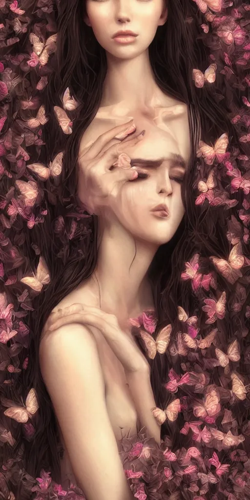 Prompt: beautiful, young woman, extremely detailed gorgeous face, sad eyes, long luxurious gown, tall thin, sexy body, fantasy background, tears, vaporwave aesthetic, synthwave, photo-realistic face, digital, flowers, butterflies, birds, painting, artstation, concept art, smooth, sharp focus, illustration, art by artgerm and greg rutkowski and alphonse mucha