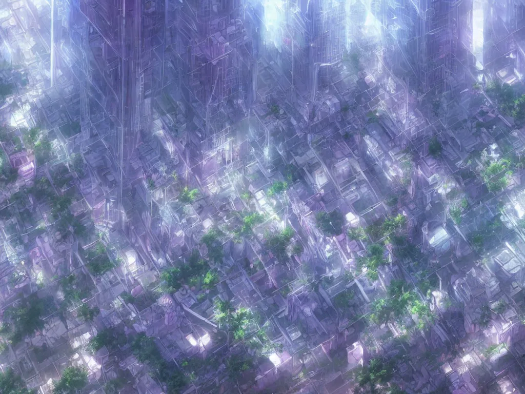 Image similar to futuristic city, lush vegetation, humid, early evening, diagonal view, geometric buildings, cloudy, beautiful, dull pastel colors, realistic, foggy, dreamy, nostalgic, bright, trending on artstation by yoshitaka amano and makoto shinkai, studio ghibli style