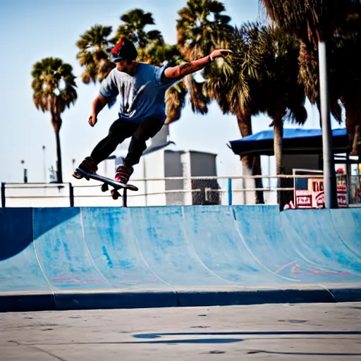 Image similar to skater wearing nike sb dunks doing a kickflip at the venice beach skatepark