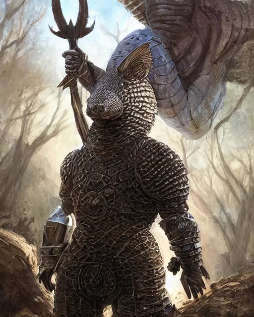 Prompt: Huge armadillo warrior in armor, portrait, woodlands, magic the gathering artwork, D&D, fantasy, cinematic lighting, centered, symmetrical, highly detailed, digital painting, artstation, concept art, smooth, sharp focus, illustration, volumetric lighting, epic Composition, 8k, art by Akihiko Yoshida and Greg Rutkowski and Craig Mullins, oil painting, cgsociety