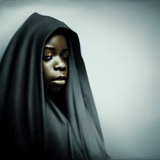 Image similar to a portrait of a young black woman wearing a long dark cloak, hood and shadows covering face, anatomically correct, beautiful perfect face, enigmatic, oil painting, matte painting, black background, Volumetric dynamic lighting, Highly Detailed, Cinematic Lighting, Unreal Engine, 8k, HD, by Beksinski