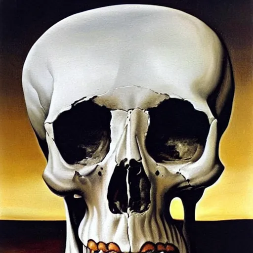 Image similar to a painting by Salvador Dali of a human skull that looks like it's melting, surreal