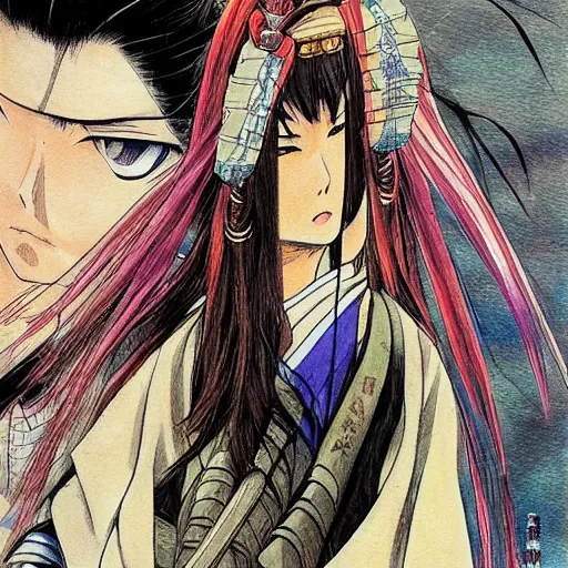 Image similar to anime samurai girl by takehiko inoue, colorful