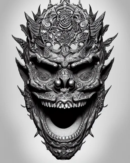 Image similar to 3 d ornate carved joker with tattoos profile portrait, sigma 5 0 0 mm f / 5. beautiful intricate highly detailed quetzalcoatl skull. bioluminescent, plasma, lava, ice, water, wind, creature, thunderstorm! artwork by tooth wu and wlop and beeple and greg rutkowski, 8 k trending on artstation