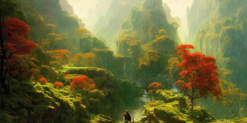 Image similar to beautiful landscape forests mountains rivers red and green leaves many layers waterfalls villages castles, buildings artstation illustration sharp focus sunlit vista painted by ruan jia raymond swanland lawrence alma tadema zdzislaw beksinski norman rockwell tom lovell alex malveda greg staples