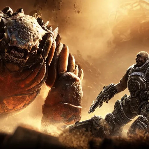 Image similar to evil large crab monster in gears of war, splash art, movie still, detailed face, photorealistic facial features, cinematic lighting, dramatic, octane render, long lens, shallow depth of field, bokeh, anamorphic lens flare, 8 k, hyper detailed, 3 5 mm film grain