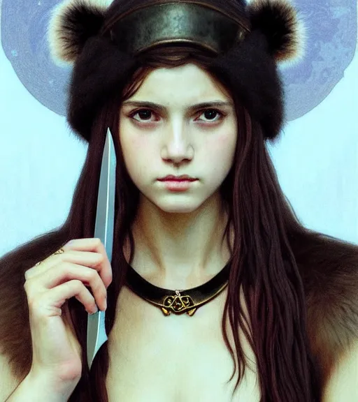 Prompt: portrait of teenage athena holding a dagger, stern expression, long ivory hair, wearing clothing of leather and fur, fringe, bone jewelry, intricate, elegant, leather jewelry, glowing lights, highly detailed, digital painting, artstation, concept art, smooth, sharp focus, illustration, art by wlop, mucha, artgerm, and greg rutkowski