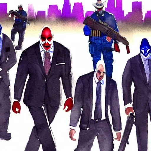 Image similar to A watercolor painting of Dallas from Payday 2, Jerma, JC Denton and Dwayne The Rock Johnson walking down a road. The sun is rising in the back, trending on artstation, very detailed