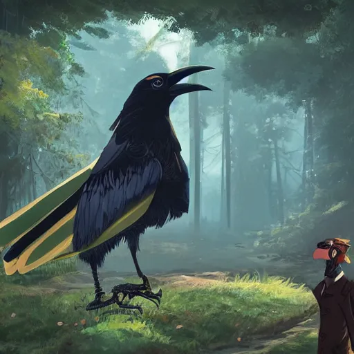 Image similar to concept art painting of an anthropomorphic crow person with steampunk clothes, in the deep forest, realistic, detailed, cel shaded, in the style of makoto shinkai and greg rutkowski and james gurney