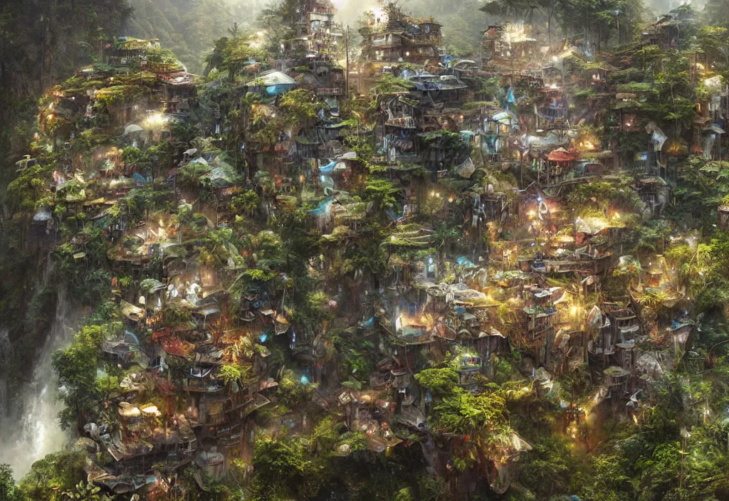 Image similar to photorealistic symetric favela rio in middle of jungle and mountains by ellen jewett, tomasz alen kopera and Justin Gerard