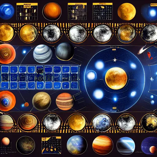 Image similar to a solar system layout like a chessboard, highly detailed digital art but as photography, marvel cinematic, 4 k, studio lighting, wide angle shot, panoramic