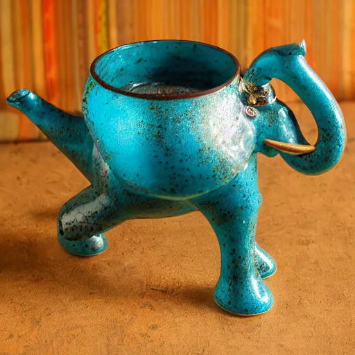 Prompt: raku elephant tea set on a living room table, iron feathered, raku metallic, turquoise mottled, lapis lazuli crackle, golden hour lighting, deep color, bioluminescent