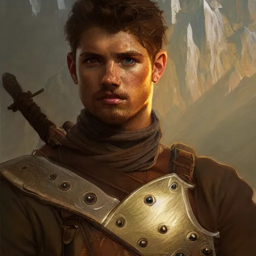 Prompt: portrait of a young rugged ranger gripping his longsword, muscular, upper body, D&D, fantasy, intricate, cinematic lighting, highly detailed, digital painting, artstation, concept art, smooth, sharp focus, illustration, art by Artgerm and Greg Rutkowski and Alphonse Mucha