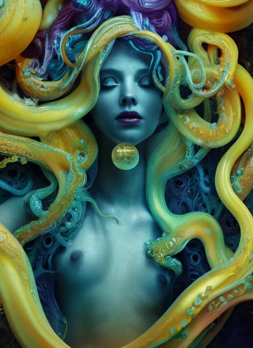 Image similar to subsurface scattering, medusa made of soft wax, cgsociety, translucent, organic squid and ceramic art nouveau swirls, golden orbs, colored smoke, in the style of alberto seveso and ruan jia and beeple and giger, mystical colors, back light, rim light, dramatic lighting, 8 k, stunning scene, raytracing, octane render