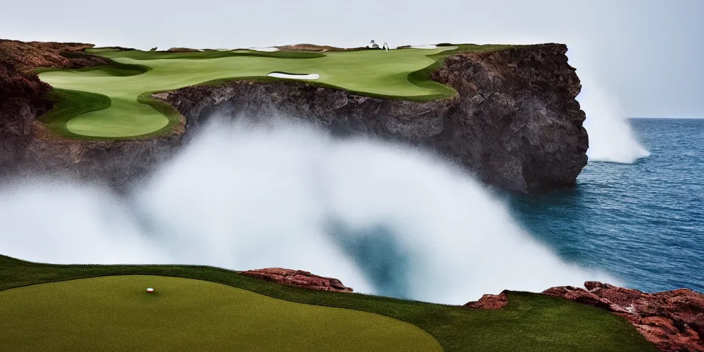 Prompt: a great photograph of the most amazing golf hole in the world complete surrounded by water, huge waves crash against the cliffs, perfect light, ambient light, 5 0 mm, golf digest, top 1 0 0, fog