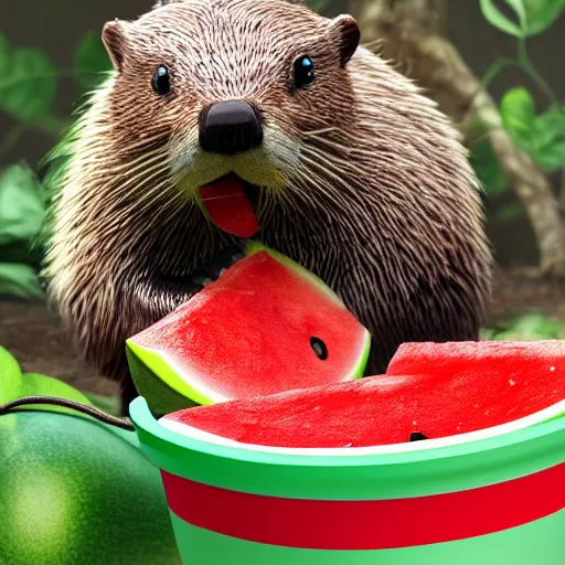 Image similar to a realistic photograph of a beaver spitting watermelon seeds into a bucket, detailed, glow, 8k, hyper-realsim