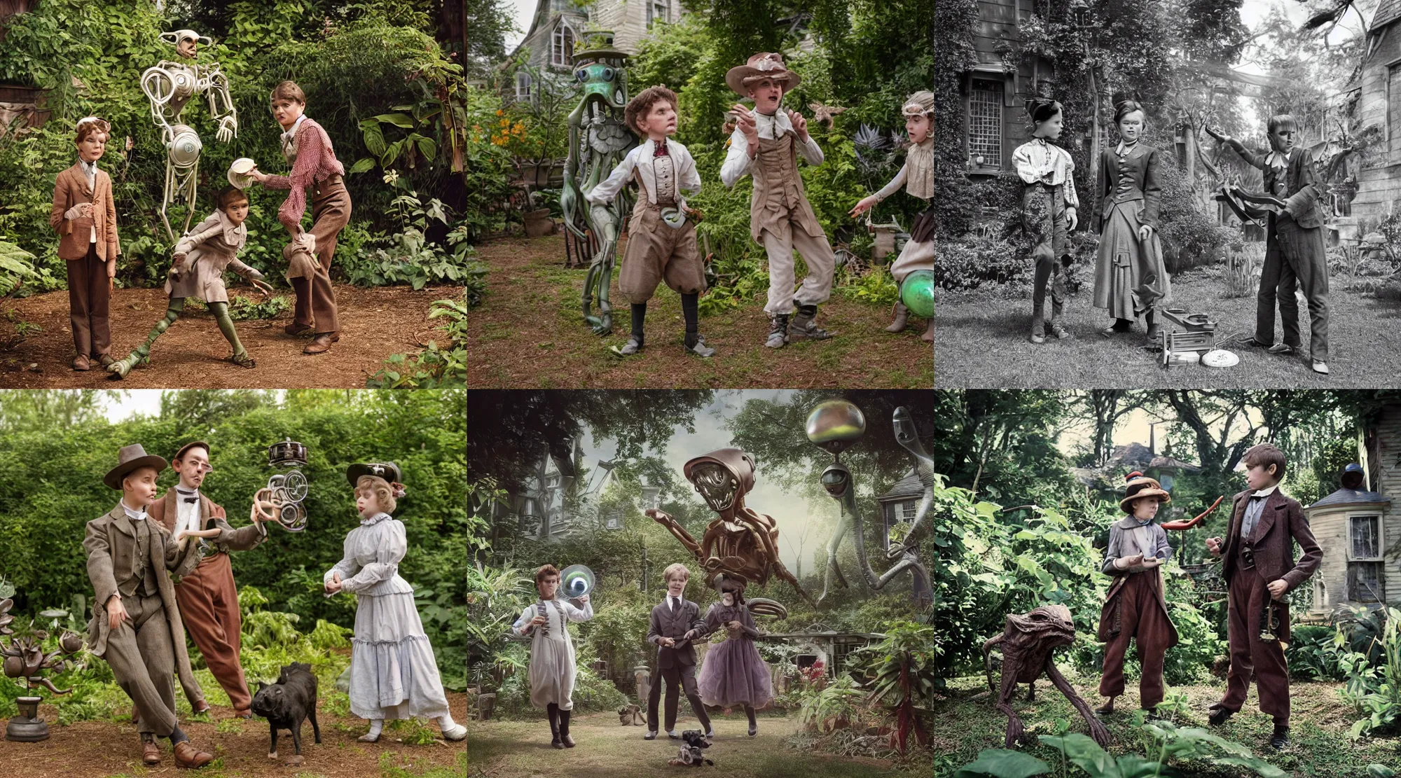 Prompt: detailed, sharp, a boy and a girl playing frisbee with their cute pet humanoid alien creature, wearing 1890s era clothes, in the garden of a house on an alien planet with strange alien plants growing, extremely highly detailed, steampunk, in focus faces, 70 mm film still from a period sci fi color movie, 4k, HD, cinematic lighting