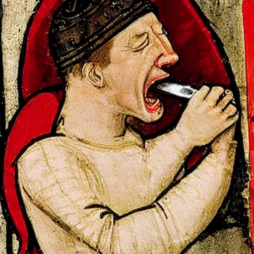 Prompt: photograph of a medieval painting of tom scott choking on a vape