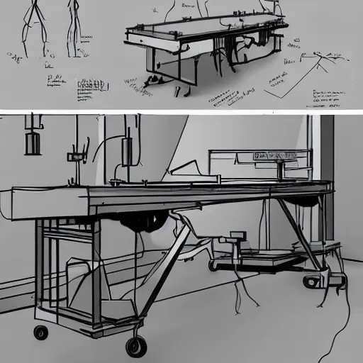 Image similar to Theory of body transfer, sci-fi, technical drawing on a architect table, laboratory and machinery, cinematic style