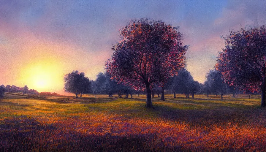 Image similar to cow pasture with fruit trees in sunset, back light, highly detailed, cinematic lighting, volumetric, photorealistic, digital art painting