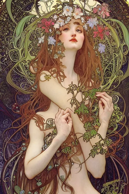 Prompt: realistic detailed illustration of the garden queen of fairies by Alphonse Mucha, Ayami Kojima, Amano, Charlie Bowater, Karol Bak, Greg Hildebrandt, Jean Delville, and Mark Brooks, Art Nouveau, Pre-Raphaelite, Neo-Gothic, gothic, rich deep moody colors