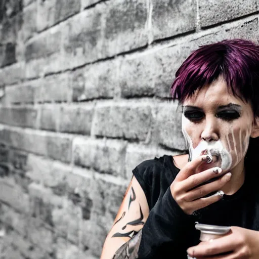 Image similar to close up photo of a fully clothed punk woman on her knees with yoghurt dripping from her face in an alley