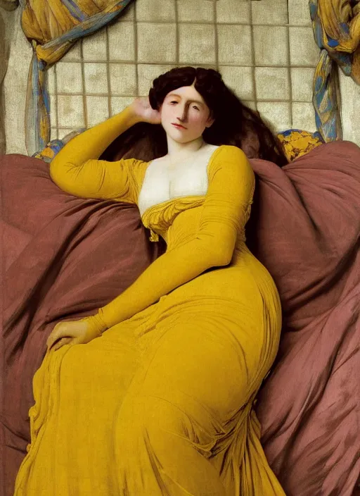 Image similar to masterpiece portrait of lady reclining on bed wearing yellow ochre ornate medieval dress, foreshortening, colour photography by frederic leighton, william morris, 8 k