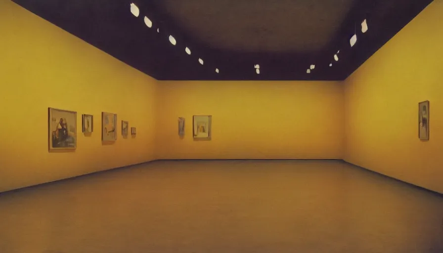 Image similar to 60s movie still of a sovietic stalinist style empty art museum with a soviet congress with yellow wall, DIY REDSCALE, liminal Space style, heavy grain