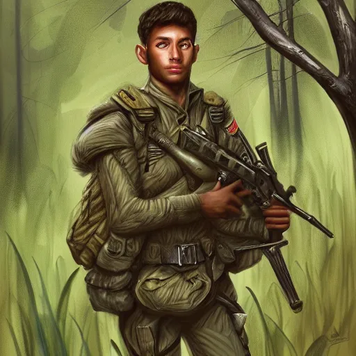 Image similar to male soldier in the forest, by annie leibowitz!!!, D&D, fantasy, intricate, elegant, highly detailed, digital painting, artstation, concept art, matte, sharp focus, illustration