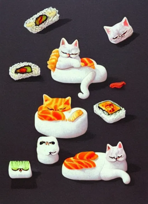 Image similar to clear surrealist painting of adorable cats made out of sushi