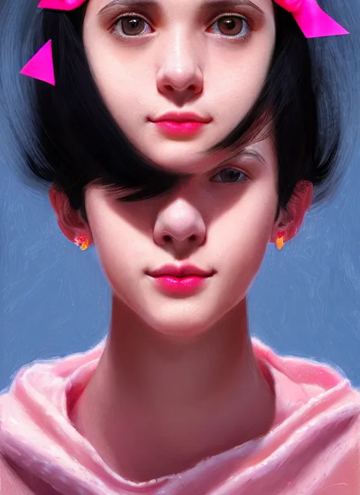 Image similar to portrait of high school girl, realistic, black hair, bangs, half updo hairstyle, pointy nose, skinny, smile, ugly, defined jawline, big chin, pink hair bow, earrings, intricate, elegant, glowing lights, highly detailed, digital painting, artstation, sharp focus, illustration, art by wlop, mars ravelo and greg rutkowski