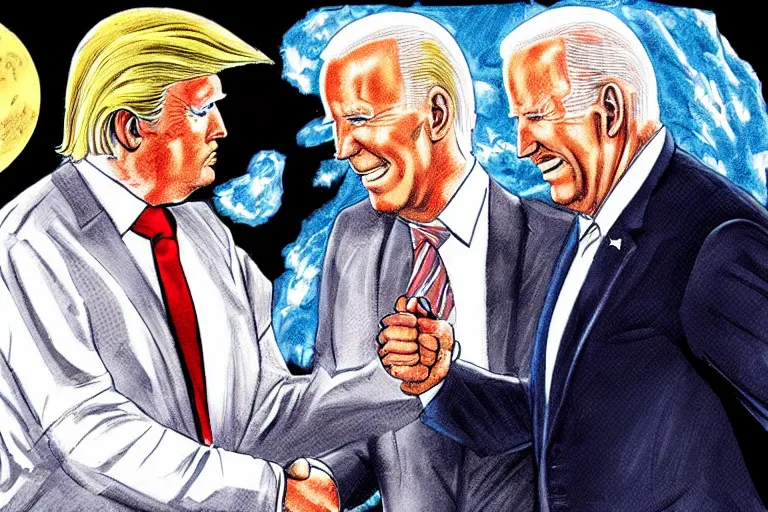 Prompt: comic book cinematic portrait donald trump shaking hands with joe biden on the moon, award winning