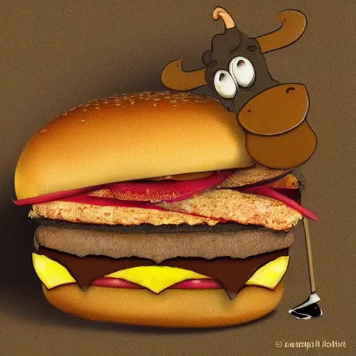 Prompt: a happy cow eating a cheeseburger, high art