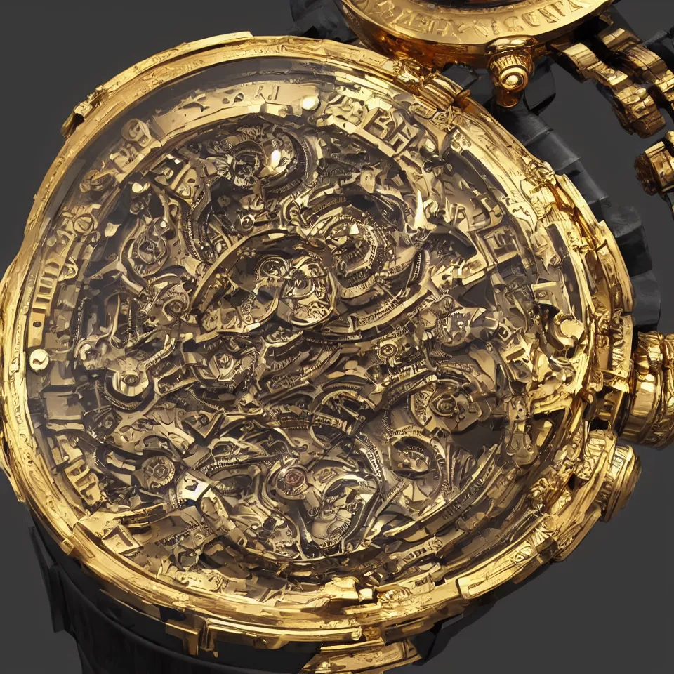 Prompt: Highly detailed digital art of a steampunk watch made of gold and nebula, ArtStation, Unreal Engine, 4K