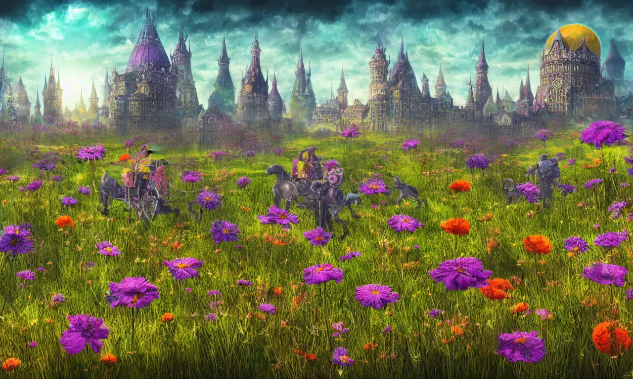 Prompt: discworld, meadow flowers, nordic noir, cityscape, digital art, 3 d illustration