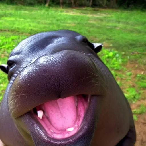 Prompt: A happy pygmy hippo taking a selfie