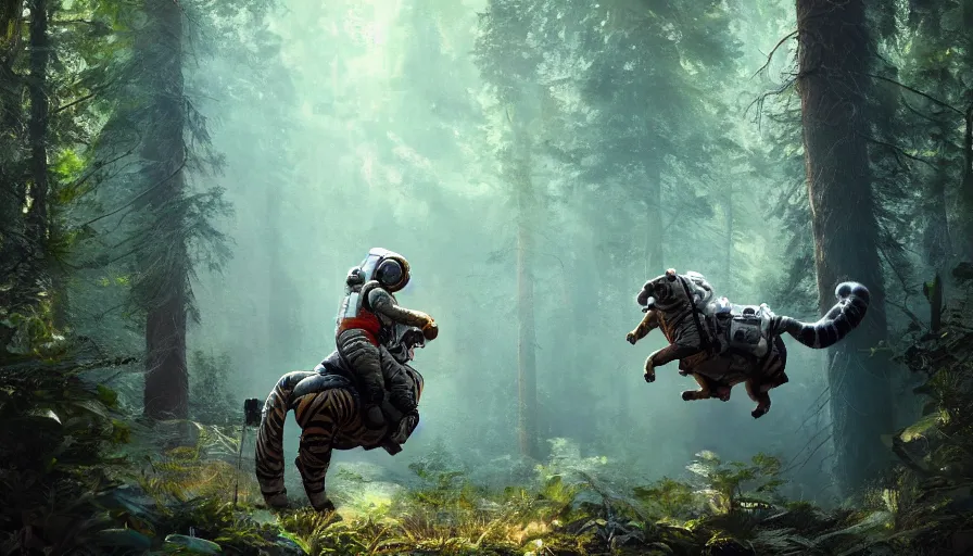 Image similar to american astronaut in the forest riding a tiger, plants environment, wide angle, cinematic lighting, atmospheric, ultrarealistic, trending on artstation, cgsociety, highly detailed, color graded, in the style of craig mullins, rendered in Unreal Engine 4k HQ, shadow of the tomb rider