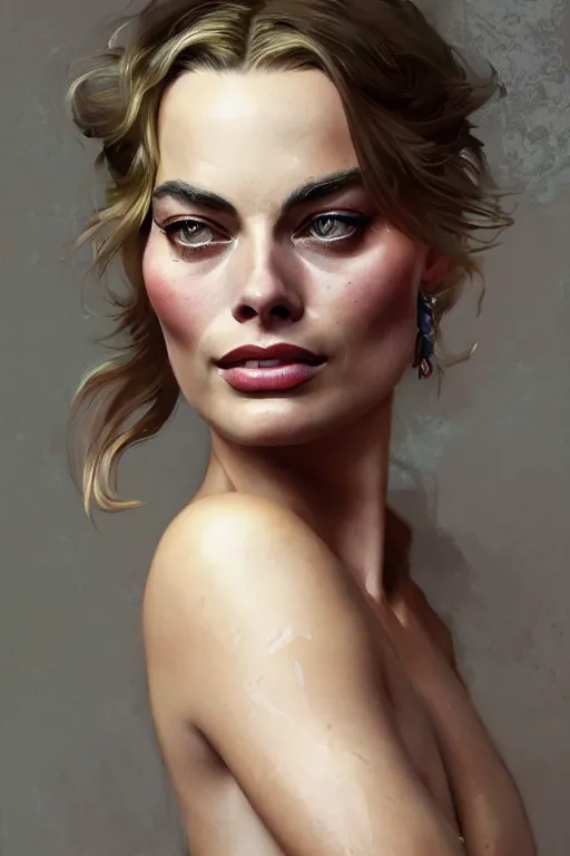 Image similar to A full portrait of Margot Robbie, intricate, elegant, highly detailed, digital painting, artstation, concept art, smooth, sharp focus, illustration, art by Krenz Cushart and Artem Demura and alphonse mucha