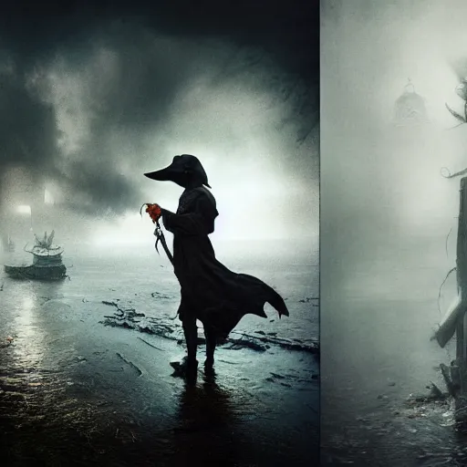 Image similar to poisonous river, plague doctor, medium shot, dark fantasy, gritty, by paolo roversi, by bastien lecouffe - deharme, by yanjun chen, by makoto shinkai