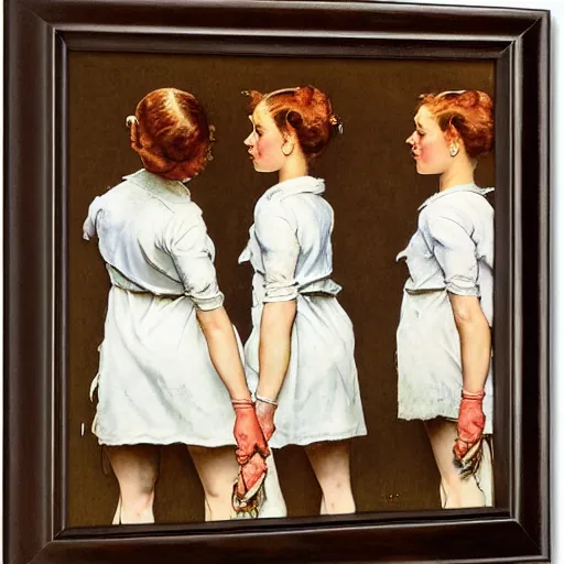 Prompt: Frontal portrait of three Emma Stones. A painting by Norman Rockwell.