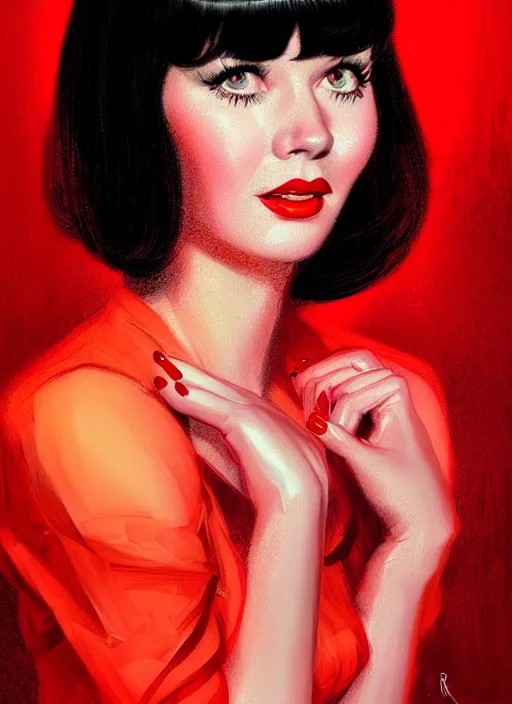 Image similar to portrait of betty page with bangs, 1 9 6 0 s, long hair, red clothes, bangs, intricate, elegant, glowing lights, highly detailed, digital painting, artstation, concept art, smooth, sharp focus, illustration, art by wlop, mars ravelo and greg rutkowski