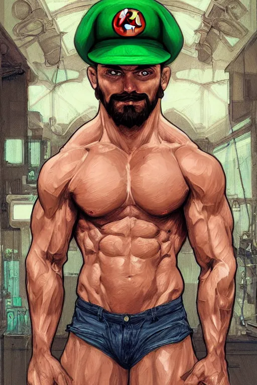 Prompt: gigachad bodybuilder luigi crouching with a green hat by ilya kuvshinov, ernest khalimov body, super mario bros symmetrical face concept art, hyper realistic, intricate, elegent, highly detailed, digital painting, concept art, smooth, sharp, focus, illustration, art by artgerm and greg rutkowski and alphonse mucha, artstation