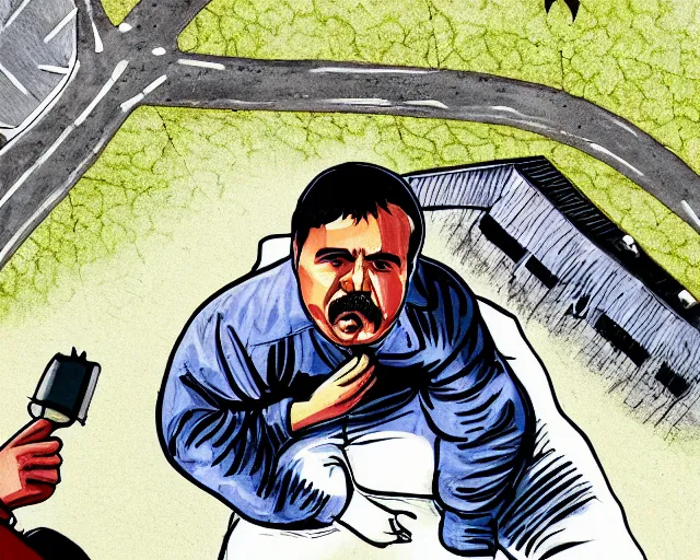 Image similar to birds eye view of el chapo exploding out of prison in deep meditation. clear sunny day. 4k. el chapo inspired. angel. [ el chapo is wearing pajamas. n he is eating a banana]