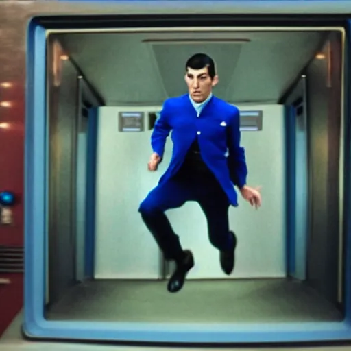 Image similar to photo of mr spock blue uniform exiting the tardis