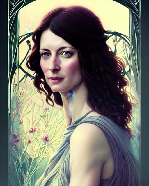 Image similar to beautiful and playful ethereal caitriona balfe ( outlander ) portrait, art nouveau, fantasy, intricate flower designs, elegant, highly detailed, sharp focus, art by artgerm and greg rutkowski and wlop